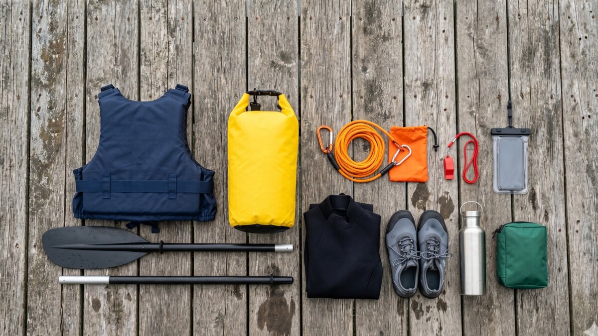 Flat-lay of essential blueway paddling kit on weathered wooden decking: navy buoyancy aid, two-piece paddle, yellow dry bag, tow line, whistle, phone in waterproof case, wetsuit, neoprene shoes, water bottle, and first-aid pouch