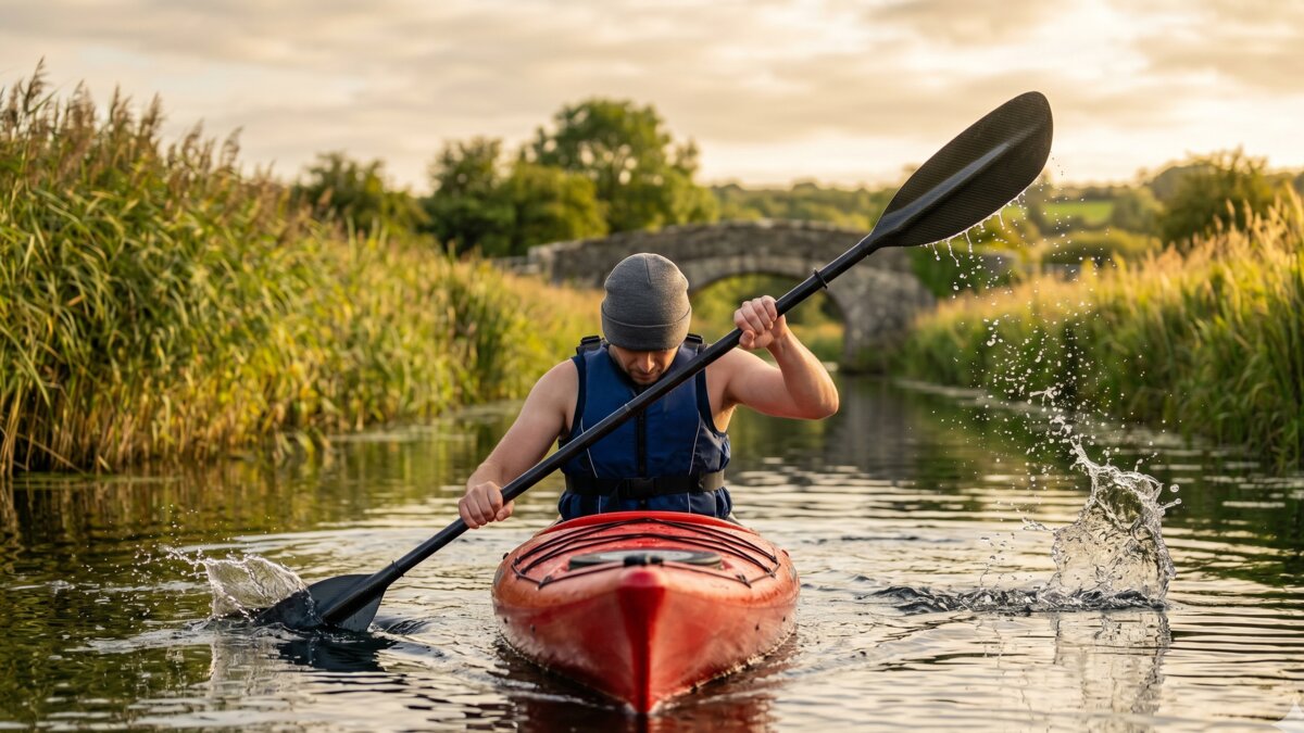 A paddler in a red sit-on-top kayak gliding along the Shannon Blueway in County Leitrim, reed-fringed banks and a restored stone bridge in the background, late afternoon golden light