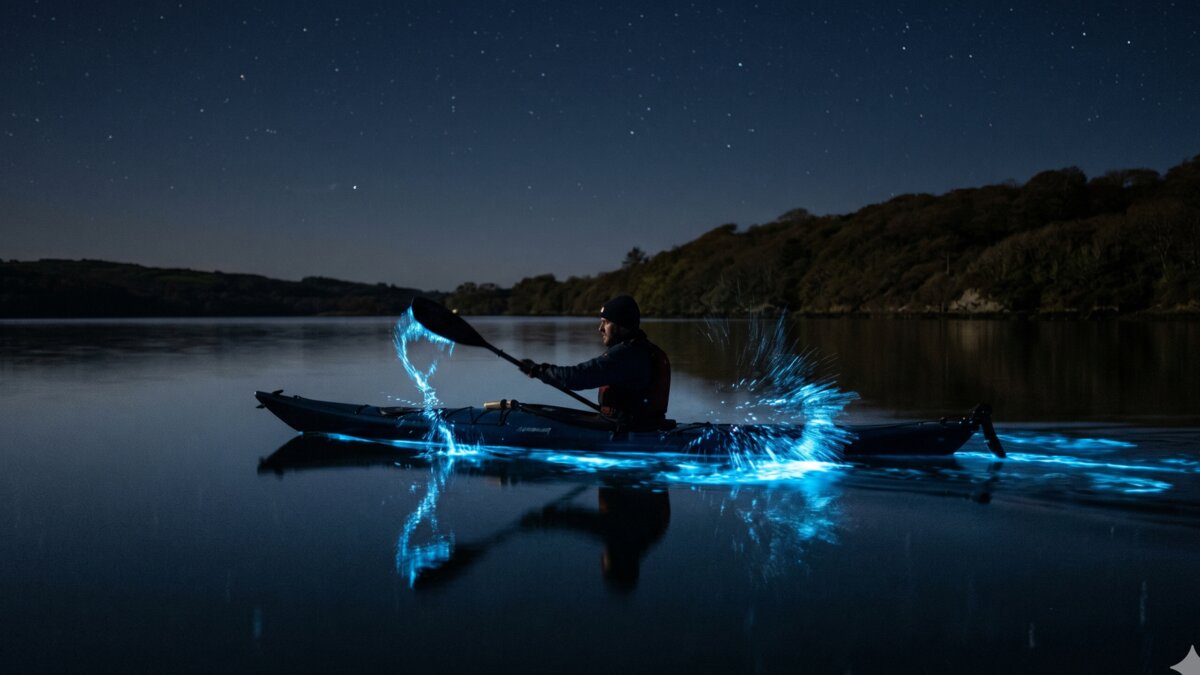 A paddler on Lough Hyne at night, every paddle stroke trailing cold-blue bioluminescent light from Noctiluca scintillans dinoflagellates, dark wooded shoreline and starlit sky in the background