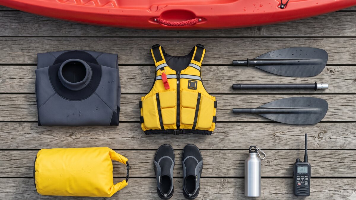 Beginner kayak gear laid out on weathered wooden decking before launch — red sit-on-top kayak hull edge, yellow buoyancy aid with whistle clipped to the shoulder strap, two-piece paddle in 220 cm, neoprene spray deck, dry bag, neoprene shoes, and a water bottle