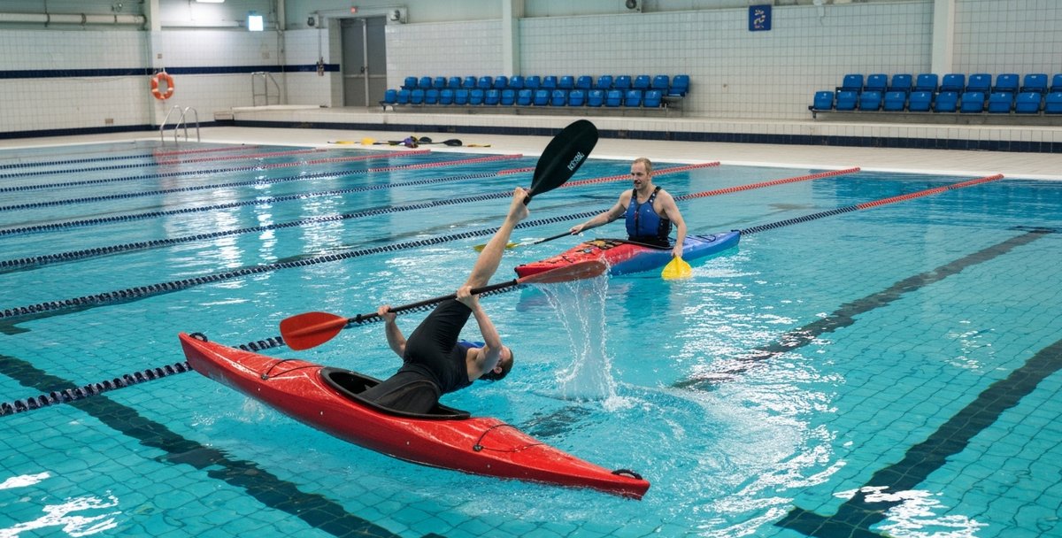 Indoor leisure-centre swimming pool kayak training session with one paddler in a red sit-in kayak mid-roll body inverted with paddle blade in the water, and a second paddler in a blue kayak upright nearby watching and supporting, lane lines visible and overhead fluorescent lighting