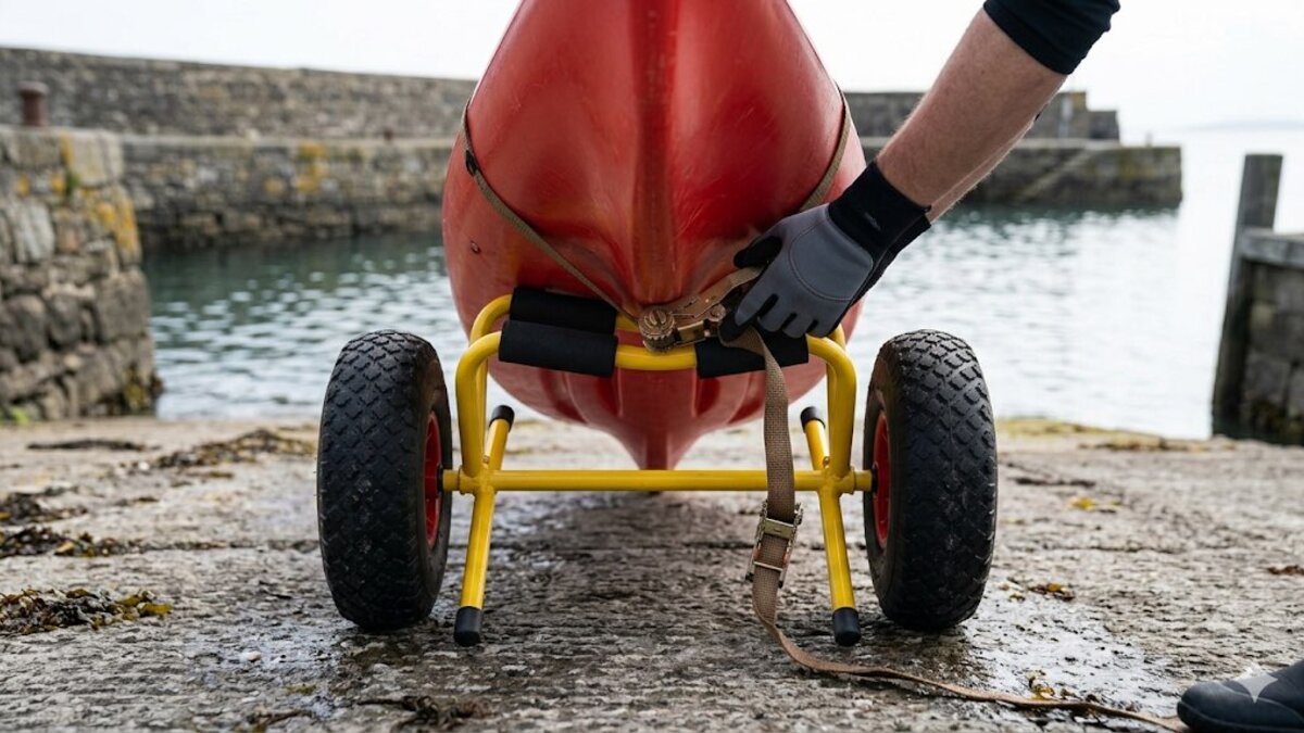 Close-up of a kayak trolley fitted under the stern of a red sit-on-top kayak on a concrete slipway, ratchet strap cinched over the hull, pneumatic tyres in focus, paddler's hand visible adjusting the strap, Irish harbour wall in soft background