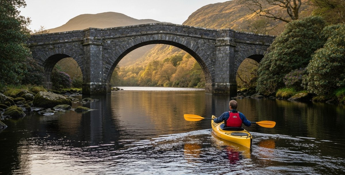 Long-lens photograph of a kayaker on calm water just upstream of the Old Weir Bridge twin-stone arches at the Meeting of the Waters in Killarney, the bridge framing the entrance to Muckross Lake, wooded slopes of Torc Mountain in the background, late-afternoon golden light reflecting off the still water surface, oak and rhododendron on both banks