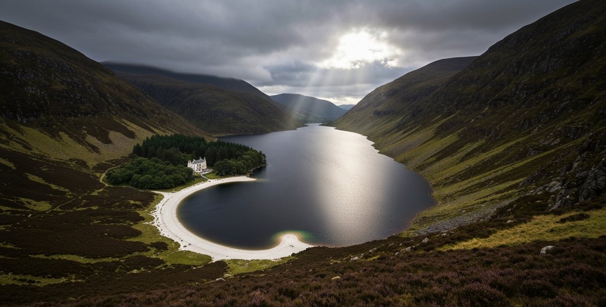Landscape photograph of Lough Tay, the Guinness Lake, in County Wicklow — looking down from the R759 road viewpoint into the glacial valley. Deep peat-black water fills the corrie below, the distinctive white sand beach at the northern end glowing against the dark water. Luggala Lodge visible small among trees above the beach. Steep heather slopes of Fancy Mountain on both sides, dramatic moody Irish mountain sky with low cloud on the ridge tops