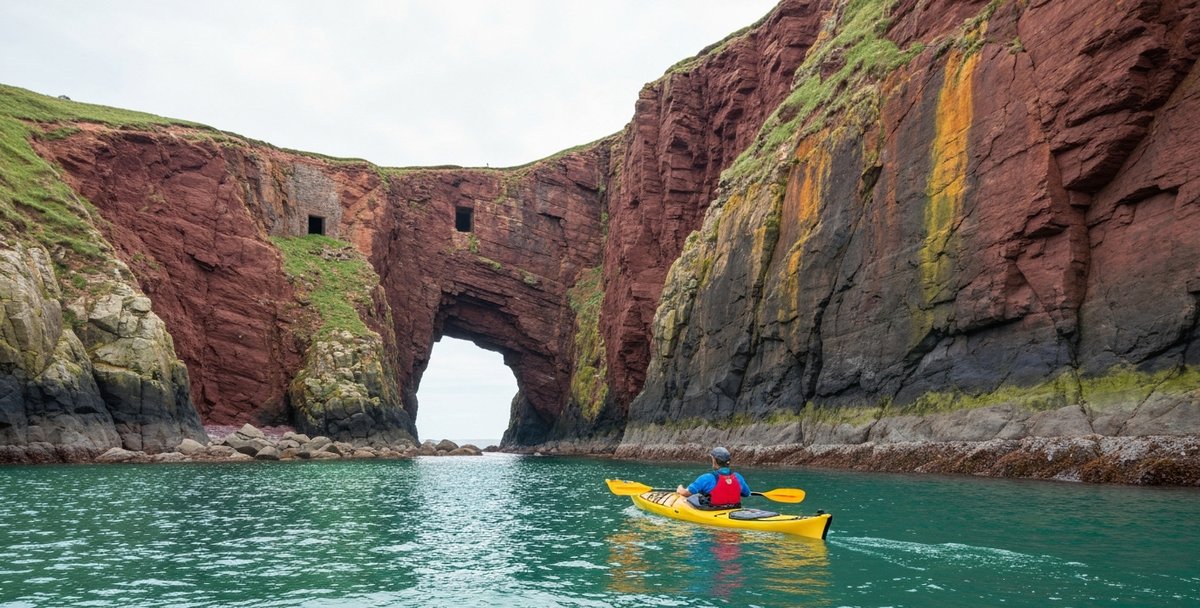 Sea kayaker paddling below the copper-stained red sandstone sea cliffs of the Waterford Geopark — sea stacks and a natural arch visible ahead, the cliff faces streaked with oxidised copper minerals, clear green Celtic Sea water