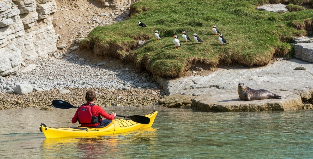 Kayak approaching the north-west landing beach of Great Saltee, puffins on the clifftop above, grey seal on a nearby rock, summer morning light