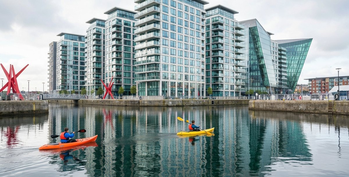 Two adult paddlers in orange and yellow sit-on-top kayaks on the flat, mirror-still water of the Grand Canal Dock basin in Dublin 4, with the modern glass apartment blocks and the angular red metal sculpture installations of the Grand Canal Dock plaza behind them on a bright summer morning
