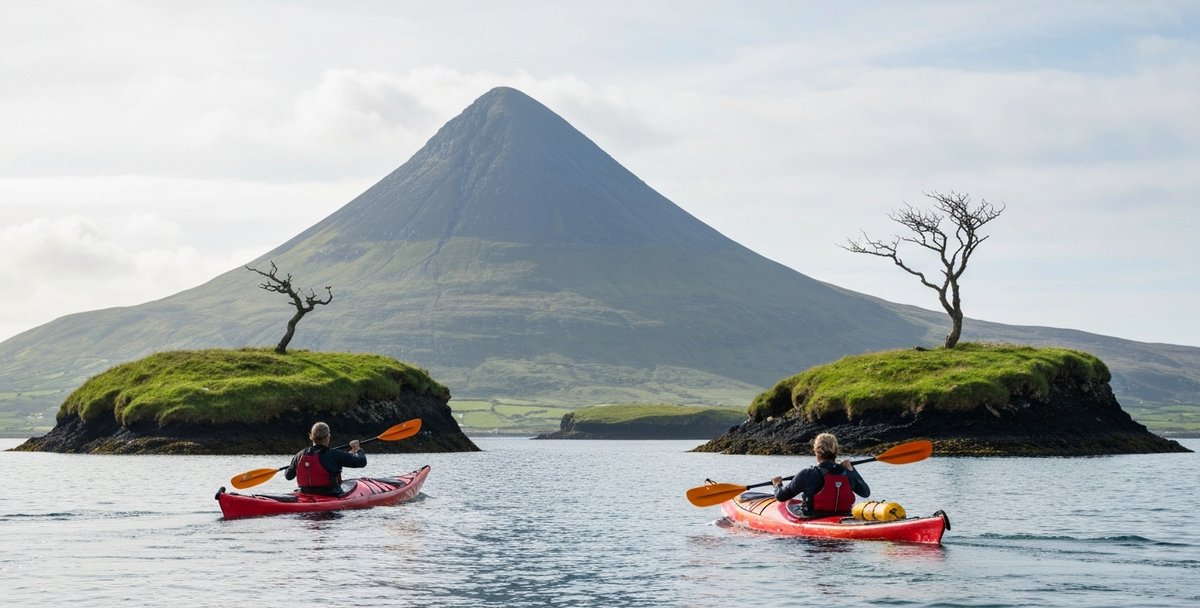 Eye-level sea kayak photograph in Clew Bay, County Mayo on a bright summer morning, two paddlers in red and yellow sit-in sea kayaks with full skirts paddling between the low drumlin islands that fill the inner bay, the conical silhouette of Croagh Patrick rising in the middle distance behind them, calm blue-grey Atlantic water, soft Irish summer overcast light, no readable text or logos, paddlers photographed from behind so faces not visible